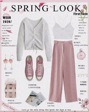 白色修身毛衣 粉红色格子阔腿裤