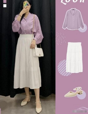紫色简约长袖衬衫 白色半身裙