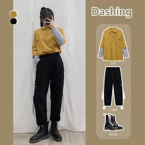 黄色衬衣+黑色工装裤+黑色马丁靴