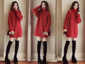 紅色毛衣裙 黑色長靴