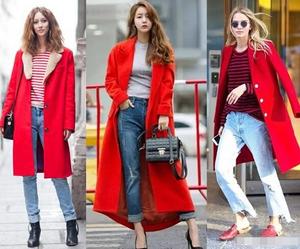 红色大衣 牛仔裤